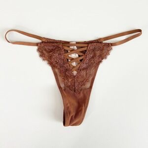 NWT Victorias Secret VS Womens Brown Sheer Lace Up Thong Panty Size S